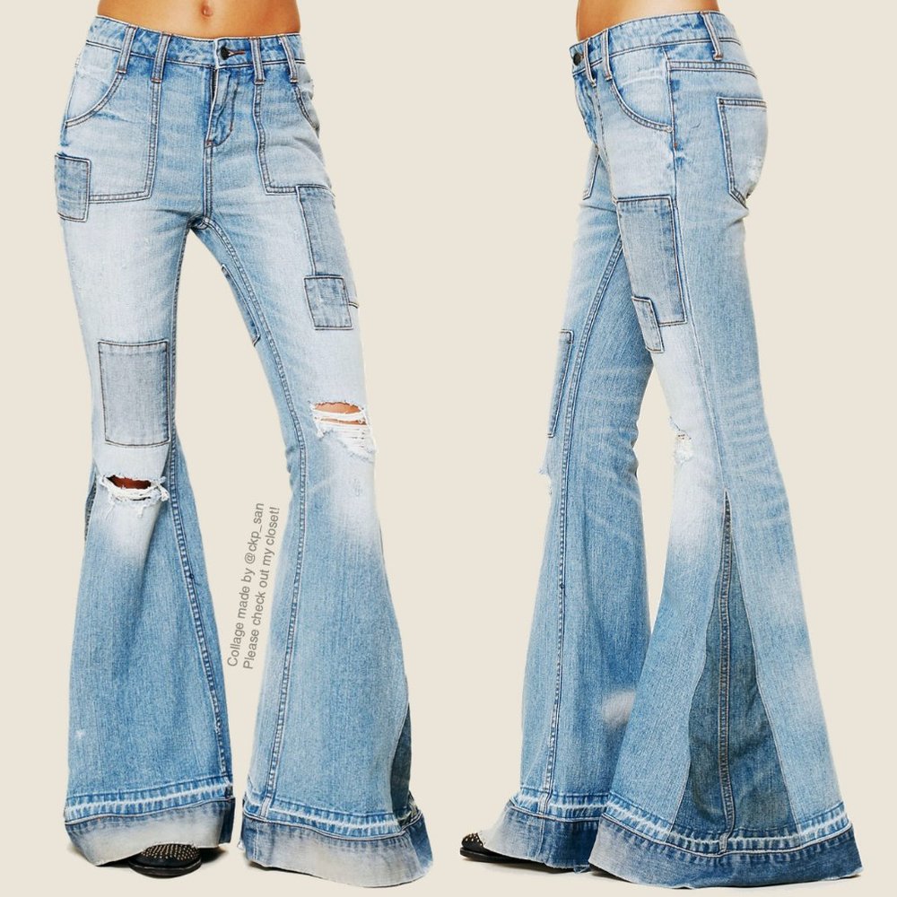 Free People Light Blue Patchwork Flare Jeans - Picture 3 of 16